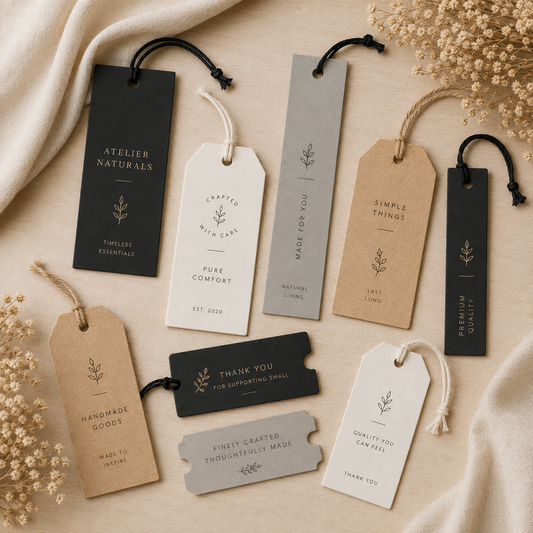 Custom paper hangtags for clothing and product packaging in kraft, black, white and grey styles