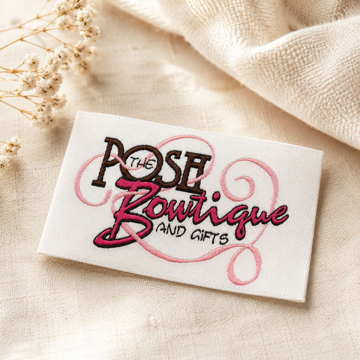 White custom woven clothing label with colorful logo on beige fabric