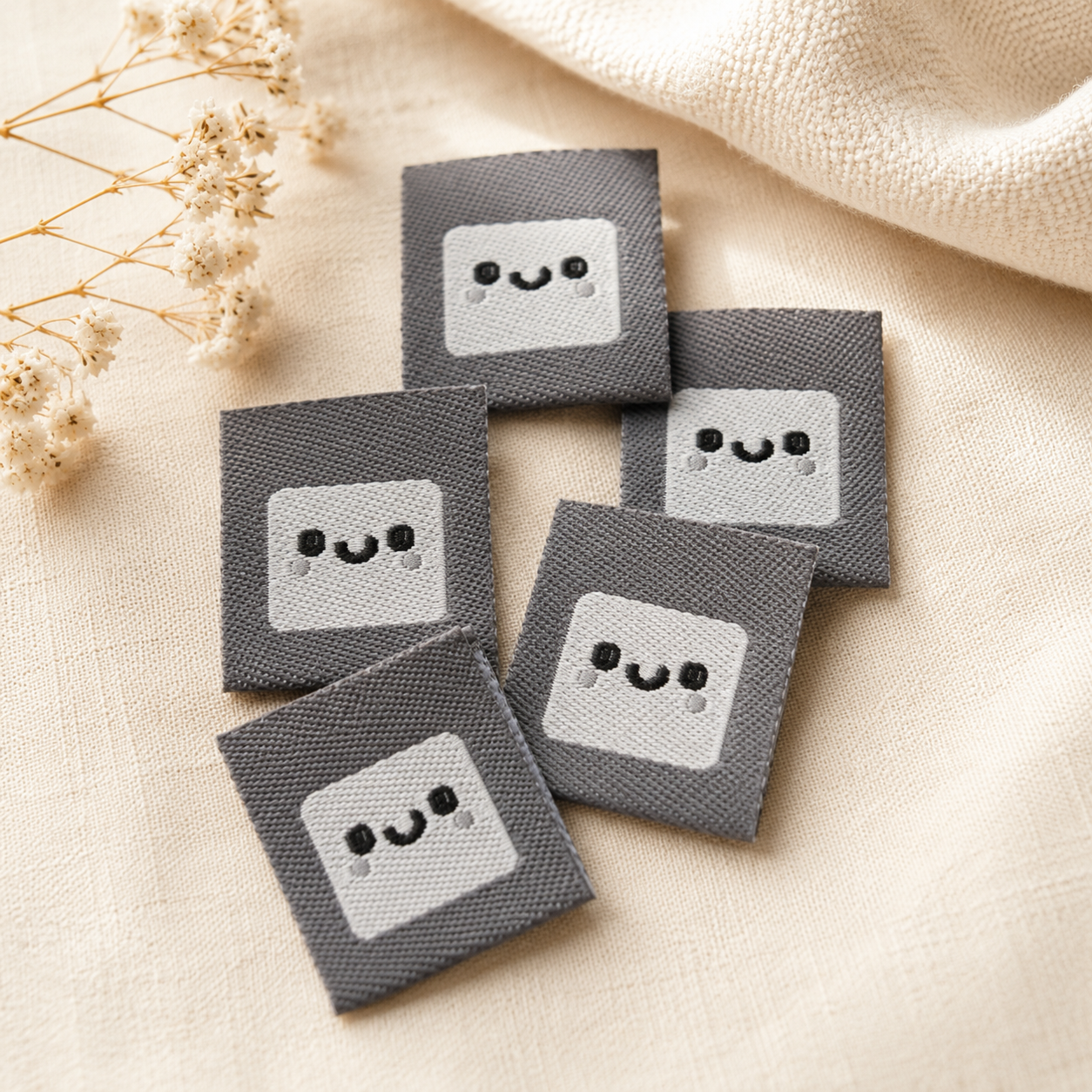Grey custom woven clothing labels with white logo on beige fabric