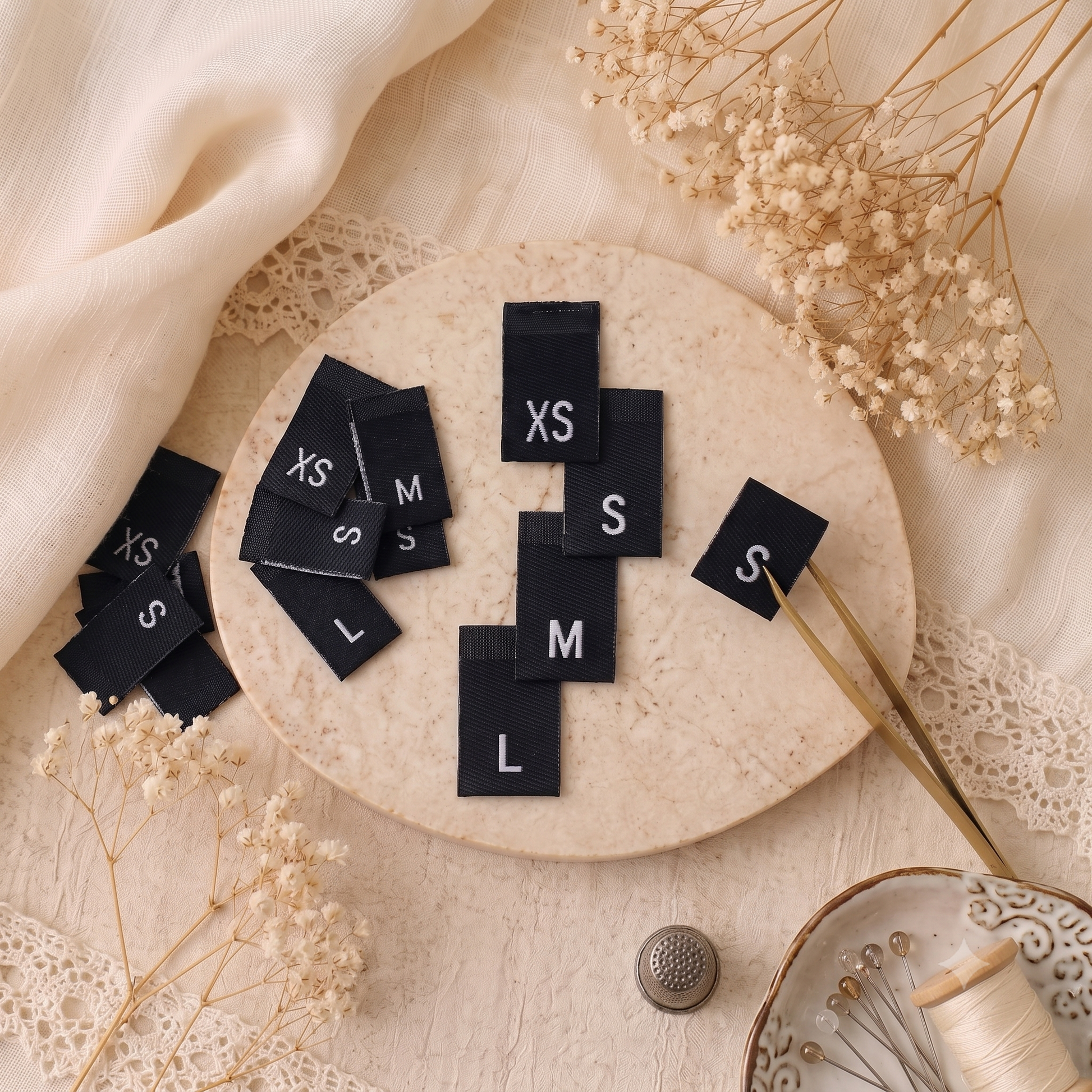 Black woven size labels with white XS, S, M and L letters for clothing and handmade garments