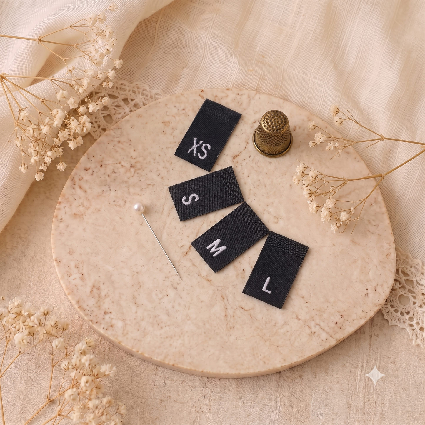 Black woven size labels with white XS, S, M and L letters for clothing and handmade garments