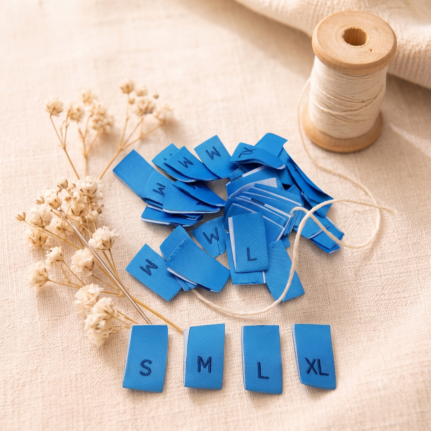 Blue damask woven size labels with S, M, L and XL letters for clothing and handmade garments