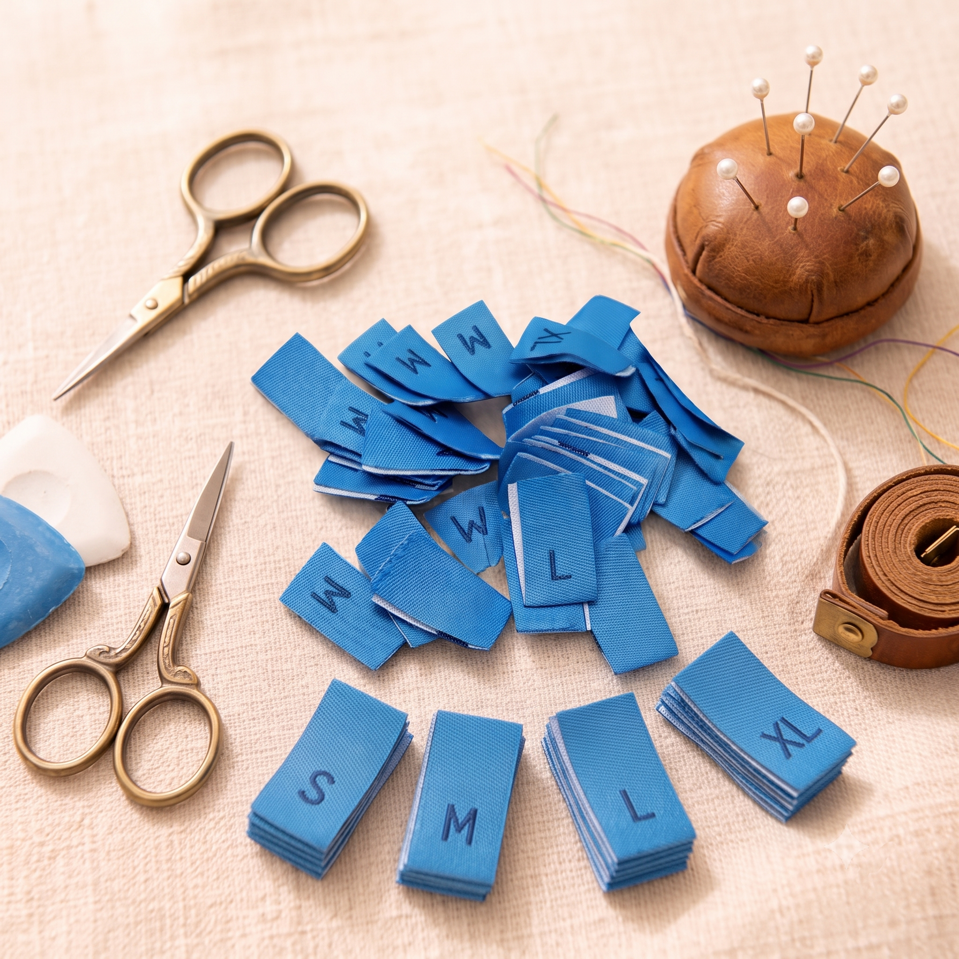 Blue damask woven size labels with S, M, L and XL letters for clothing and handmade garments