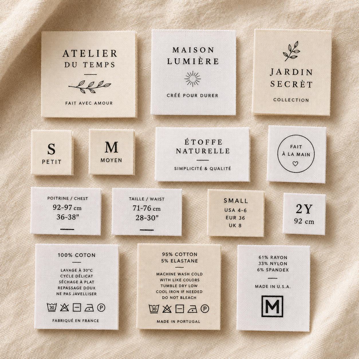 Custom cotton taffeta care labels and size labels for clothing brands