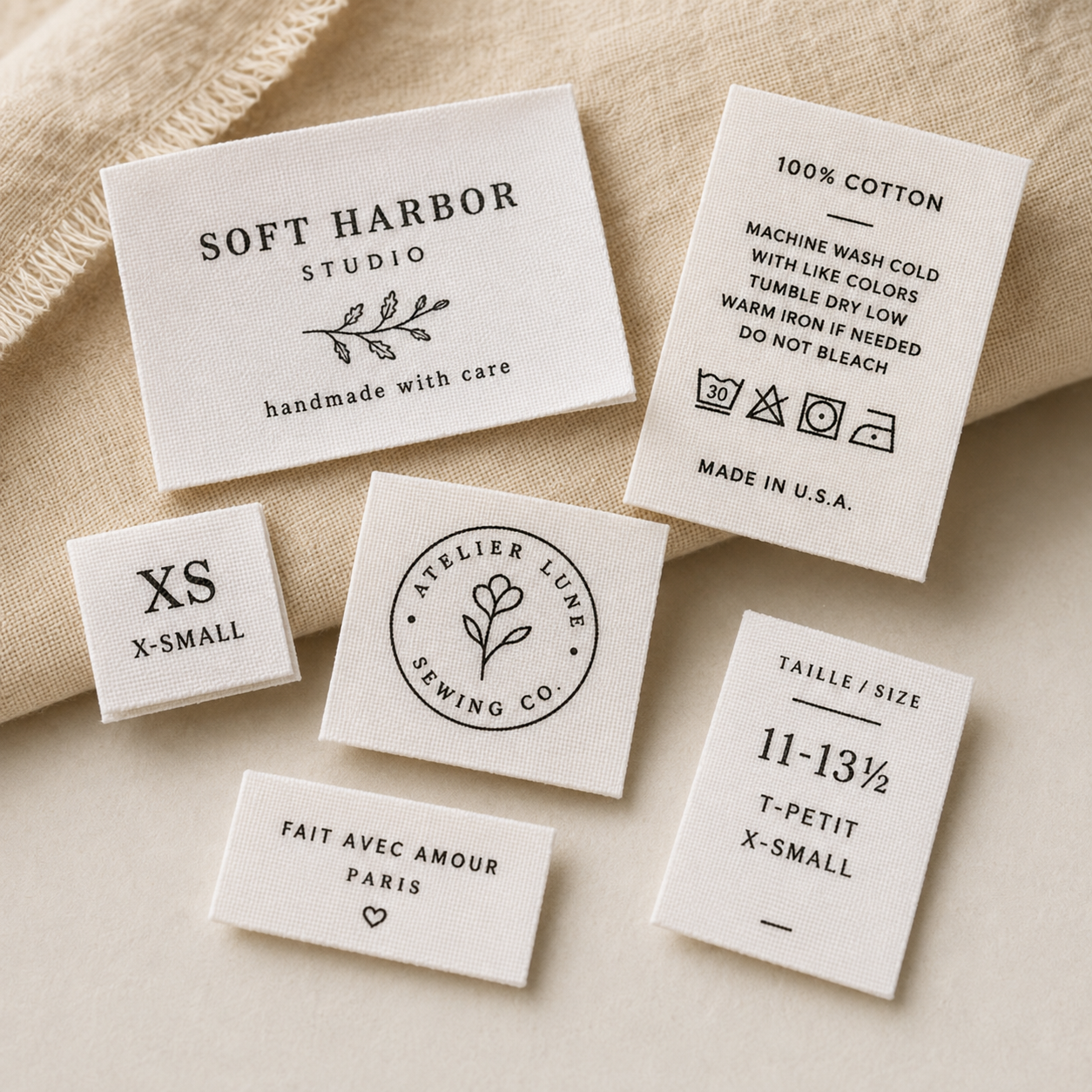 Custom cotton taffeta printed labels for clothing care labels and size labels