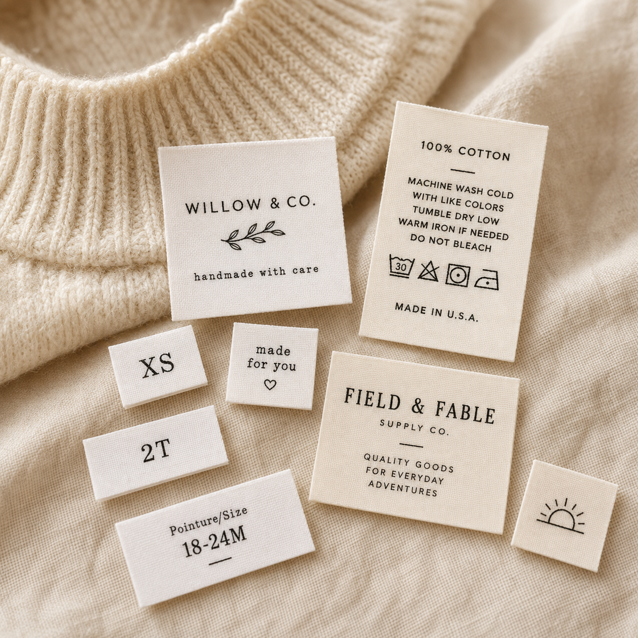 Custom cotton taffeta labels with care instructions, size labels and brand labels for clothing