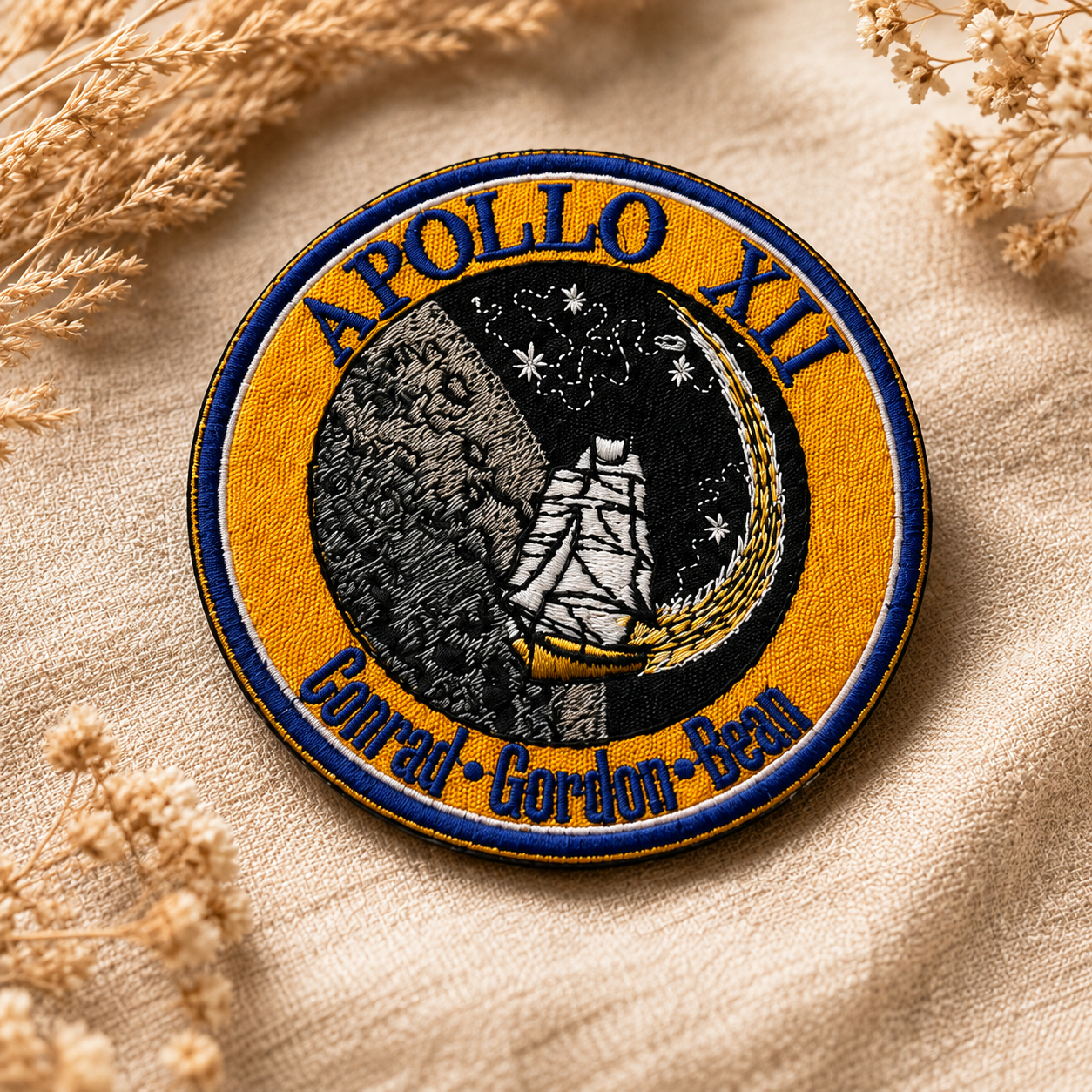 Custom embroidered round badge patch with detailed moon and space design for clothing and accessories