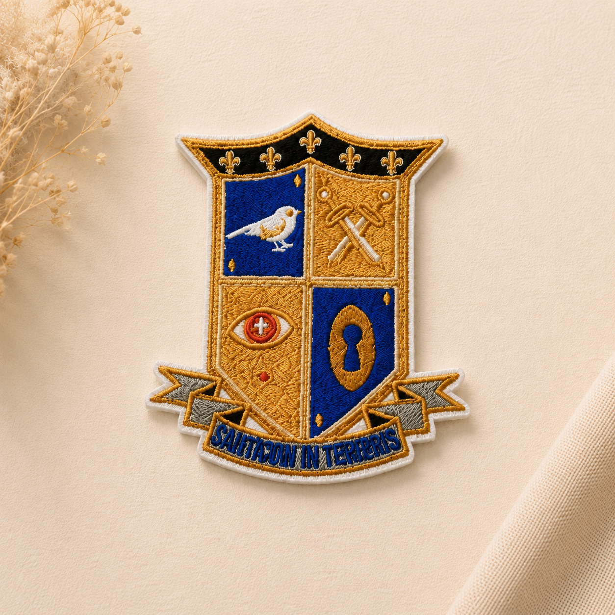 Custom embroidered crest shield patch with detailed thread design for uniforms and jackets