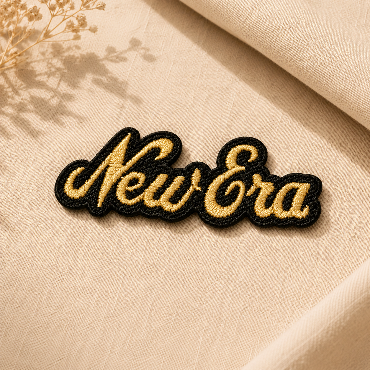 Custom embroidered logo patch with raised gold thread for clothing, bags and accessories
