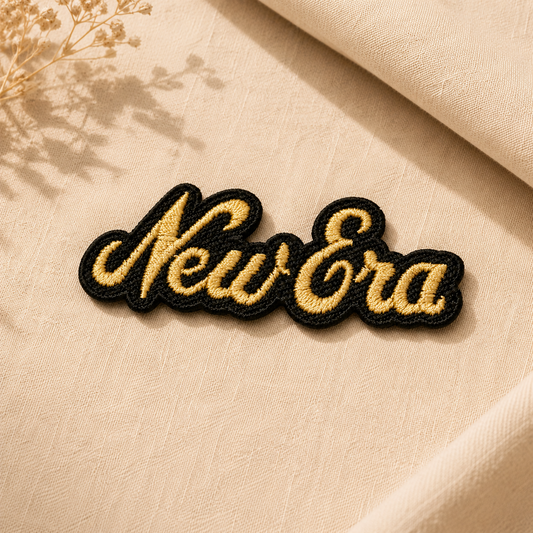 Custom embroidered logo patch with raised gold thread for clothing, bags and accessories
