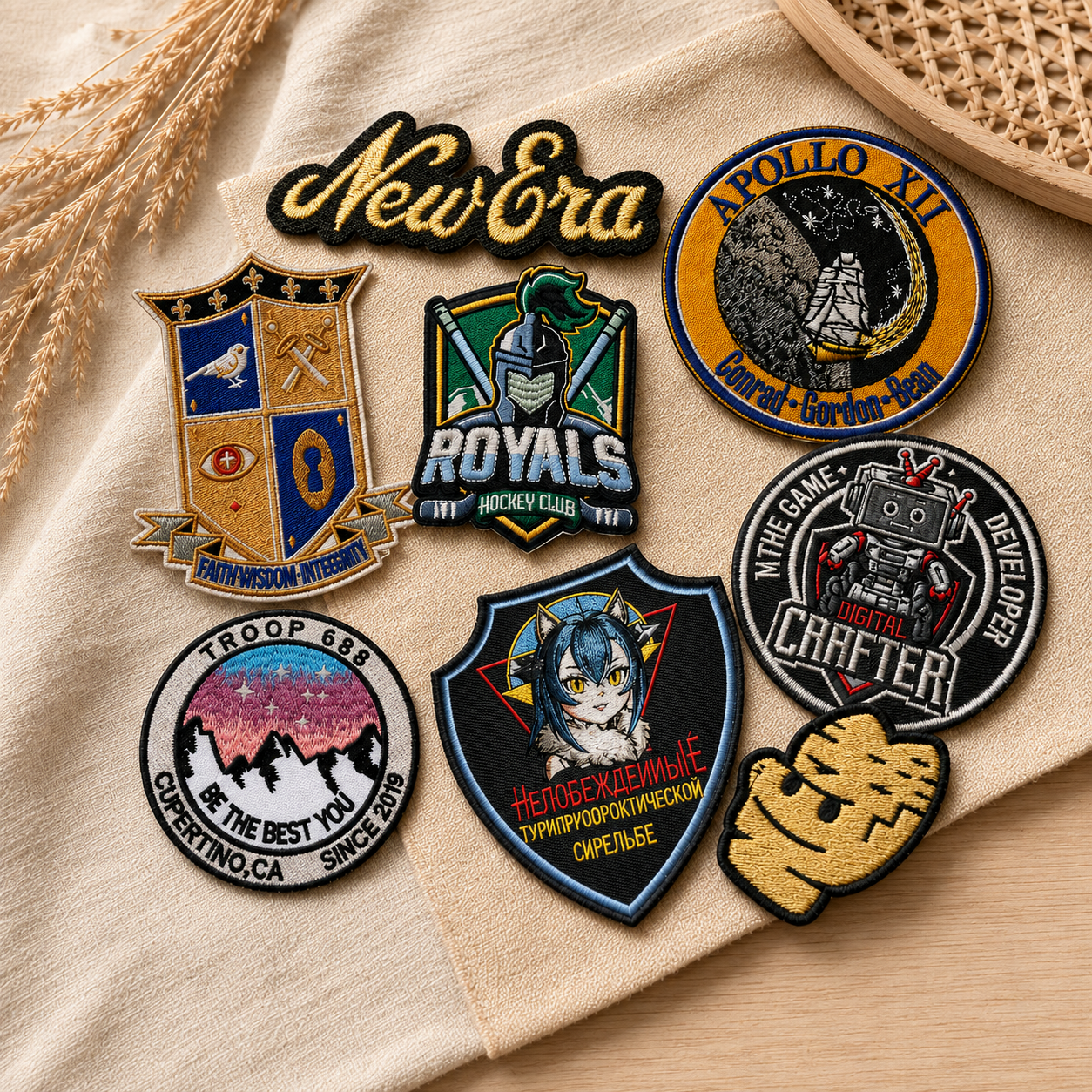 Custom embroidered patches in different shapes and colours for clothing and accessories