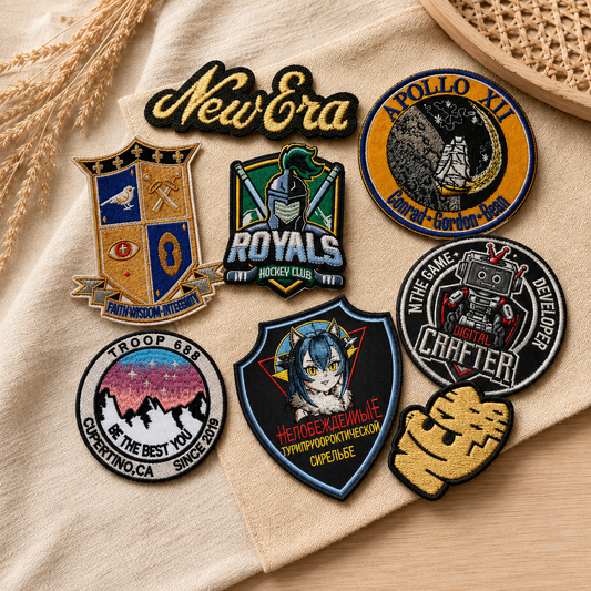 Custom embroidered patches in different shapes and colours for clothing and accessories
