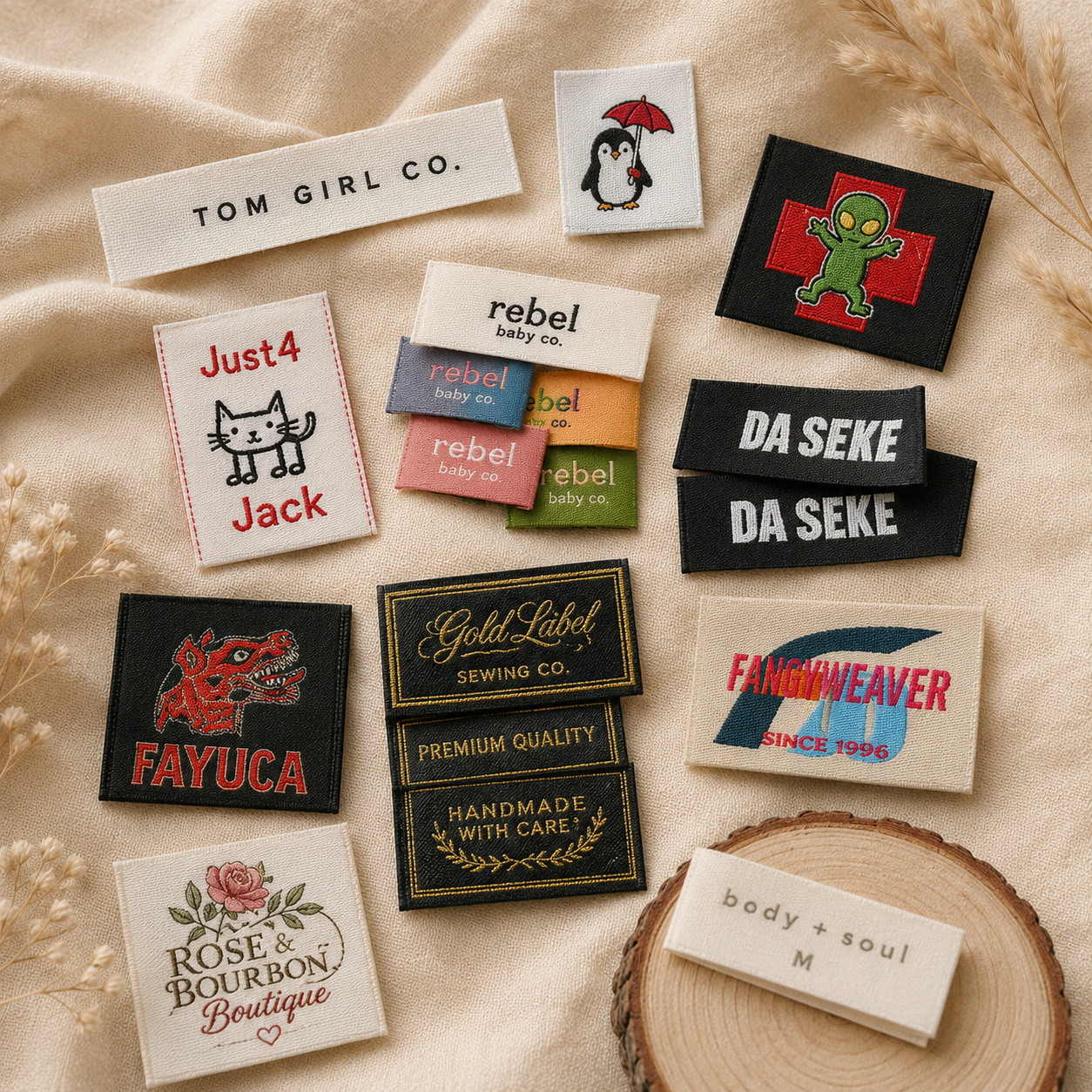 Assorted custom woven labels for clothing brands and handmade products