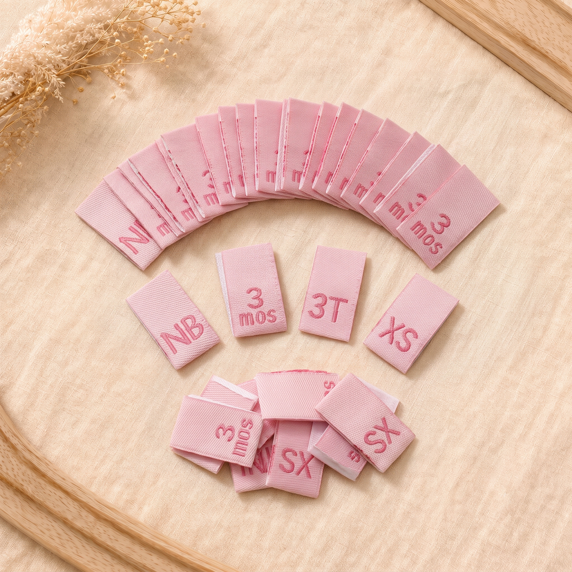 Pink woven baby size labels with NB, 3 mos, 3T and XS sizes for clothing and handmade garments